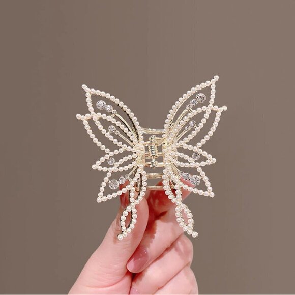 NEW Pearl Rhinestone Embellished Butterfly Hair Clip Claw - Picture 1 of 14